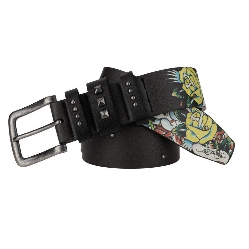 Ed Hardy Men's Skull Rose Print Black Belt With Rivet Studs Size 34 New